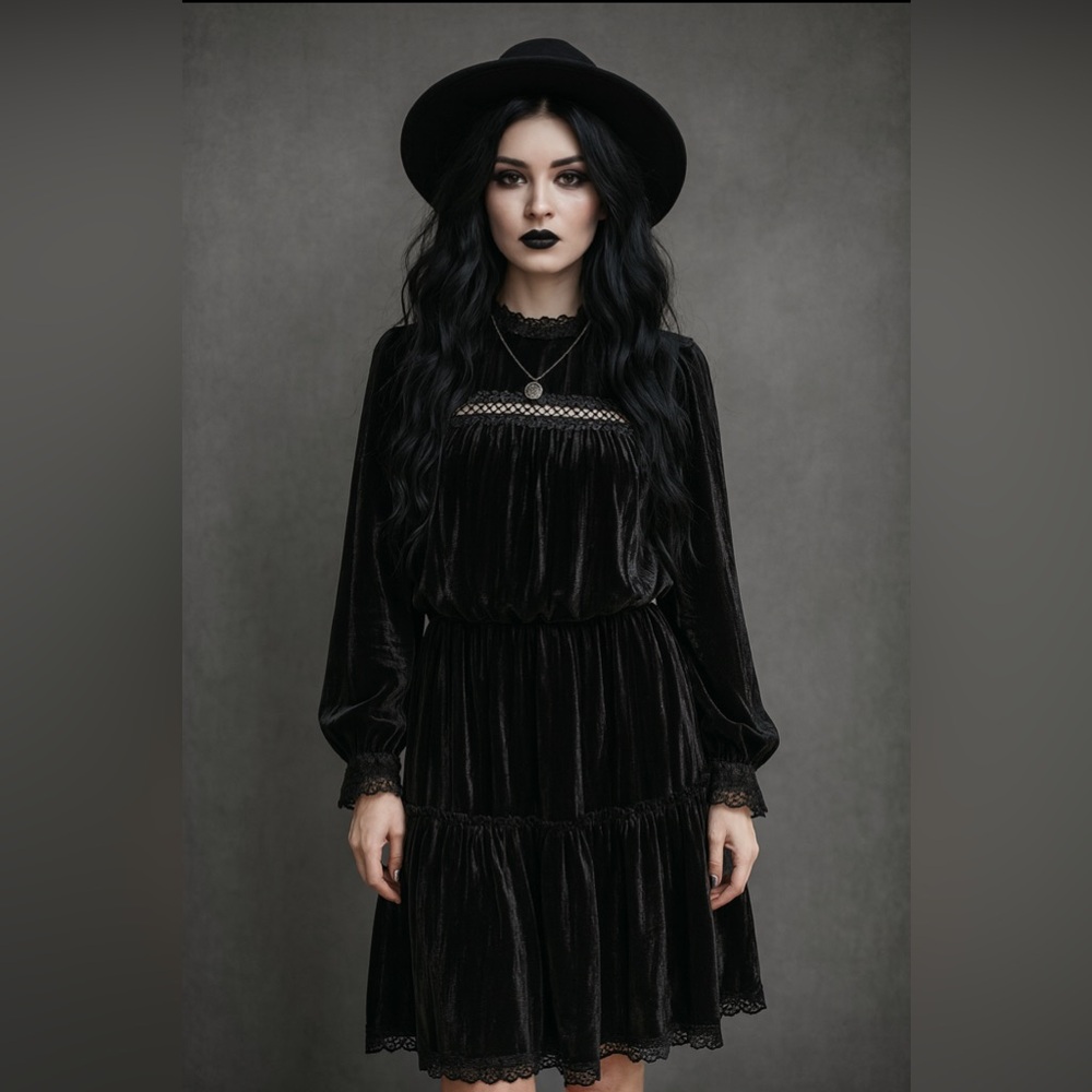 Shoshanna Black Velvet Lace Trim Long Sleeve Dress Size 12